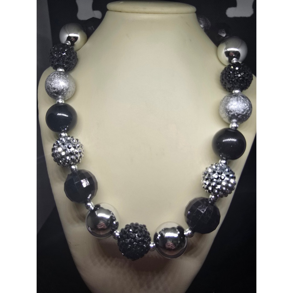 Black Silver Chunky Bubble Bead Statement Necklace Toggle Clasp Textured Disco